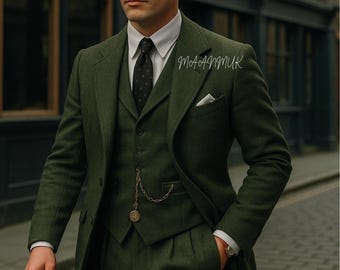 Peaky Blinders Men's 3-Piece olive Tweed Suit | Vintage 1920s Herringbone Thomas Shelby Wedding -Formal Wear
