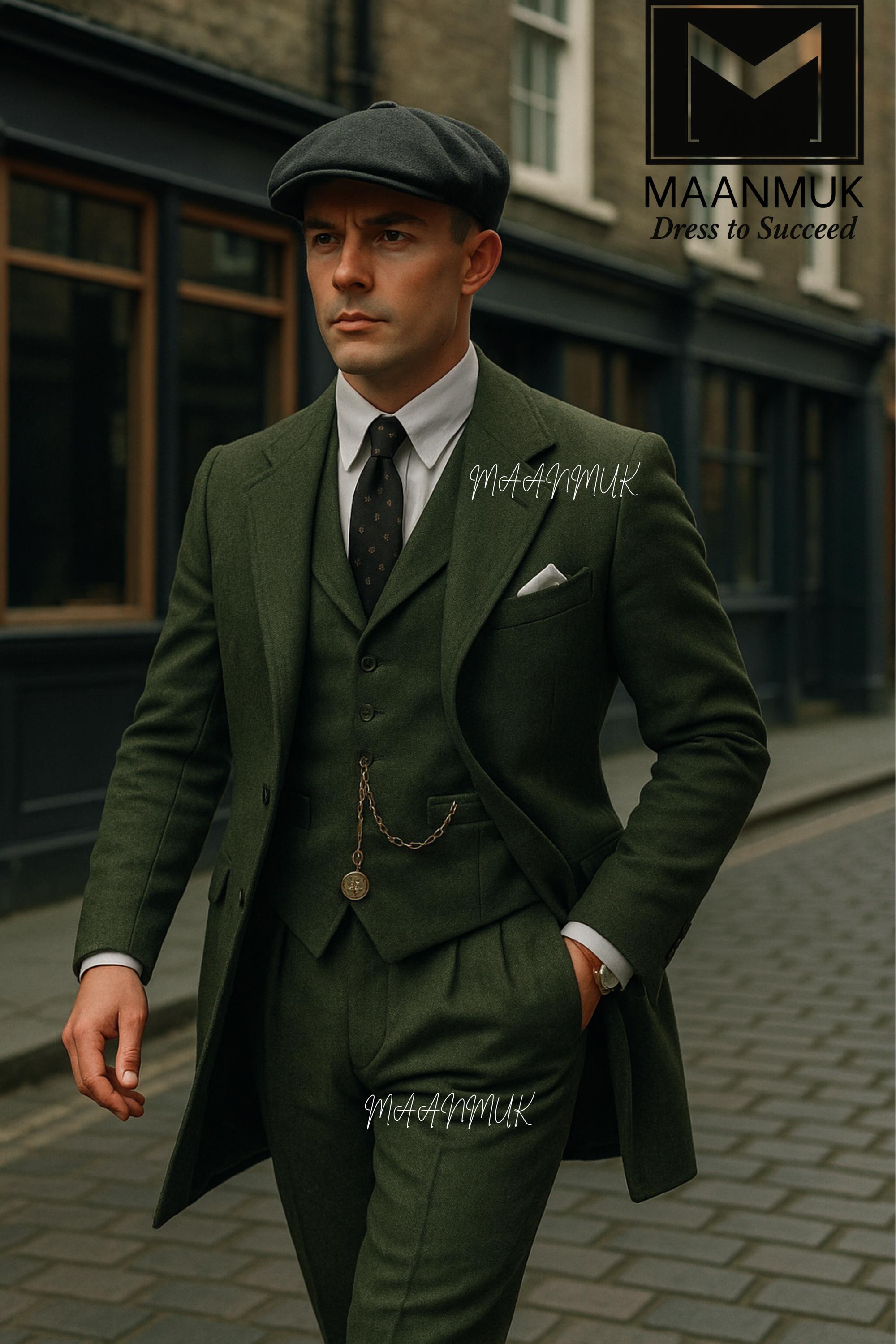 Veste Tweed Homme Sur Mesure - Verte Mélangée, Taille 34, Luxueuse, Occasion