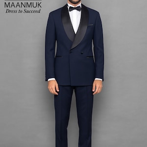 Men's Navy Blue Double Breasted Tuxedo | Black Shawl Lapel | Wedding Prom Formal Suit- Blue Tuxedo Suit