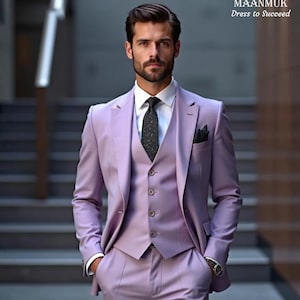 Men&#39;s Lilac 3 Piece Suit | Slim Fit Mauve Wedding Prom Groom Attire | Lavender Formal Suit