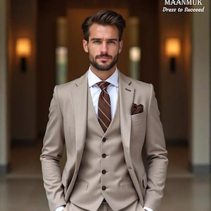 Men&#39;s Slim Fit Beige 3-Piece Suit: Tan Wedding Groom Attire