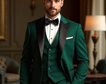 Sophisticated Emerald Green Tuxedo: 3-Piece Men&#39;s Suit with Black Lapel - Ideal for Weddings & Galas&quot;