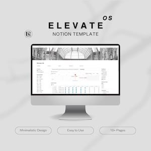 Puede incluir: Una pantalla de ordenador que muestra una plantilla de Notion llamada "Elevate OS". La plantilla presenta un diseño minimalista con secciones para horarios diarios, rastreadores de hábitos y mucho más. La plantilla es fácil de usar e incluye más de 10 páginas.