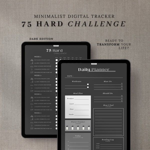 75 HARD CHALLENGE TRACKER | 75 Day Challenge Planner | Dark Mode Planner | Habit Tracker 75 Day | Weekly Daily Meal Workout Planner | Hourly
