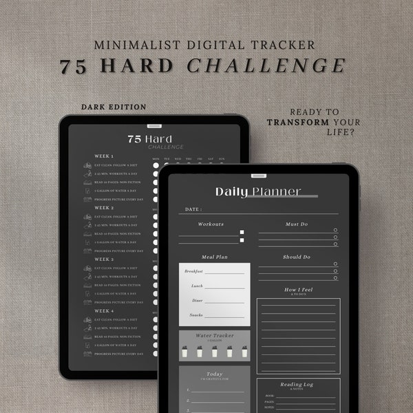 75 SUIVI DES DÉFIS DIFFICILES | Planificateur de défis de 75 jours | Agenda mode sombre | Suivi des habitudes 75 jours | Planificateur d'entraînement hebdomadaire de repas quotidiens | Horaire