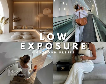 Peut inclure: Un collage d'images mettant en scène un design d'intérieur minimaliste avec une esthétique à faible exposition. Les images montrent un canapé blanc, une femme en tenue blanche et une femme marchant dans un couloir. Le texte "LOW EXPOSURE LIGHTROOM PRESET" est affiché au centre de l'image.