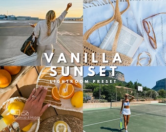 May include: A collage featuring four lifestyle images. The top left shows a person at an airport. The top right shows a woven bag with a book and sunglasses. The bottom left shows oranges and lemons. The bottom right shows a person on a tennis court. Text reads "VANILLA SUNSET LIGHTROOM PRESET."