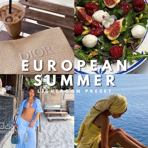 以下が含まれることがあります： ヨーロッパの夏のテーマをフィーチャーした4つの画像のコラージュ。左上の画像は、"Dior"という刺繍が施された織り籐のバッグ。右上の画像は、モッツァレラチーズ、イチジク、ラズベリーのサラダ。左下の画像は、木造の建物の前に立っている、薄い青色のシャツとパンツを着た女性。右下の画像は、青い海を見下ろす岩の上に座っている、黄色のタオルを巻いた女性。