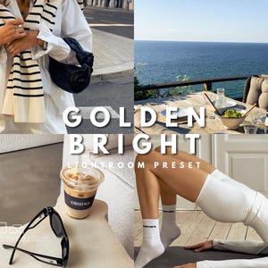 Könnte beinhalten: Ein digitales Produkt zum Bearbeiten von Fotos mit einem goldenen Farbschema. Der Text "GOLDEN BRIGHT LIGHTROOM PRESET" wird im Bild angezeigt.