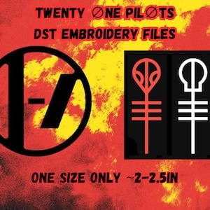 May include: Image featuring the text "TWENTY ØNE PILØTS DST EMBROIDERY FILES" and "ONE SIZE ONLY ~2-2.5IN". The image includes the band's logo in a black circle with a yellow background, and two symbols on a black background.