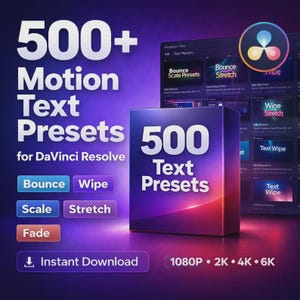 Puede incluir: Una caja de producto digital púrpura con el texto "500+ Motion Text Presets para DaVinci Resolve." La caja muestra "500 Text Presets." Otros textos incluyen "Bounce," "Wipe," "Scale," "Stretch," y "Fade." También menciona 1080P, 2K, 4K y 6K.