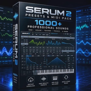 May include: A black box featuring "SERUM 2 PRESETS & MIDI PACK" and "1000+ PROFESSIONAL SOUNDS." The box showcases a software interface with a keyboard graphic. Text includes "EDM HOUSE TECHNO TRANCE & MORE" and icons for instant download, high quality presets, and MIDI files.