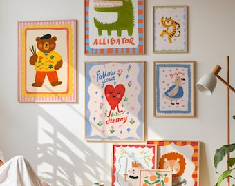 Paquete de láminas decorativas infantiles con más de 60 pósteres imprimibles / Conjunto de decoración moderna para la habitación del bebé / Láminas de animales para la sala de juegos / Decoración de habitaciones con ilustraciones retro