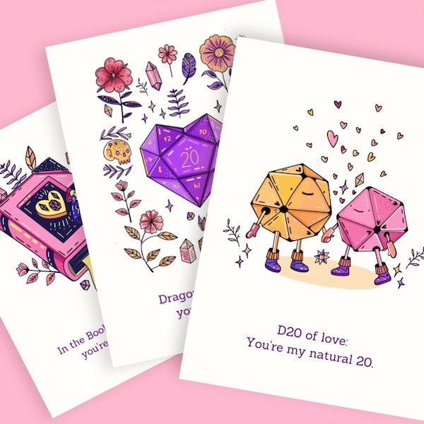 DND valentines card, set of 3 cards, dnd valentines day, dnd player gift, dnd card printable, dnd love, romantic card, nerdy valentines day