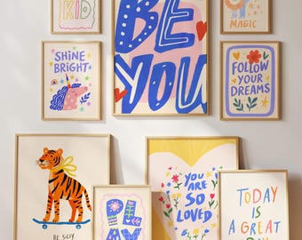 Conjunto de láminas para guardería con frases motivacionales, citas inspiradoras, láminas con afirmaciones para niños, decoración infantil divertida y positiva para la sala de juegos.