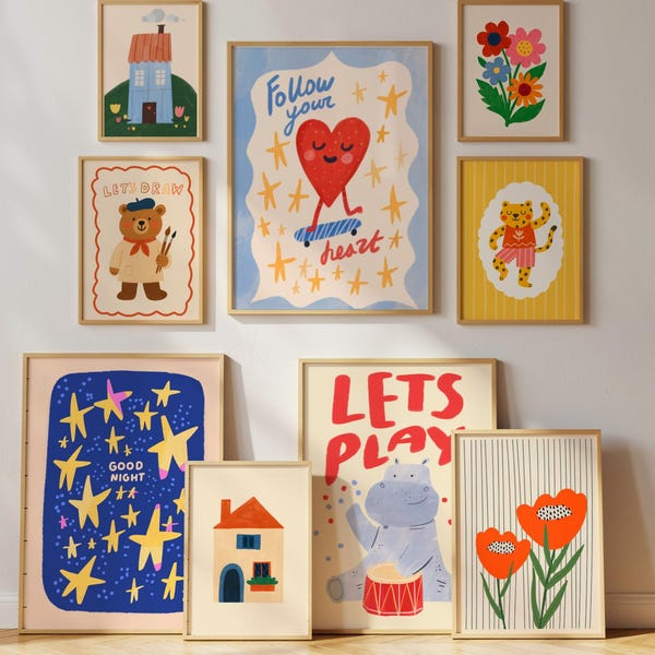 Modern Kid's Room Wall Art Bundle Set of 50 Prints, DIGITAL Download, Eclectic Nursery Prints, Playroom Decor, Maximalist Prints