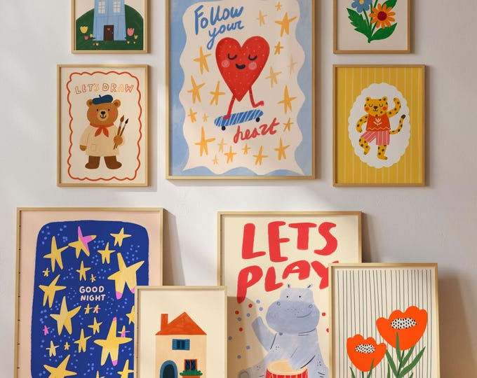 Modern Kid&#39;s Room Wall Art Bundle Set of 50 Prints, DIGITAL Download, Eclectic Nursery Prints, Playroom Decor, Maximalist Prints