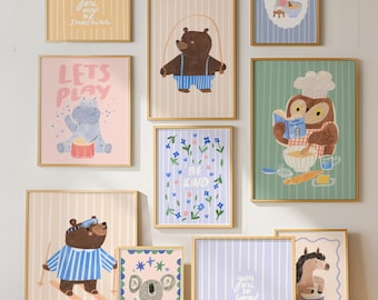 Conjunto de 20 pôsteres para quarto infantil, download digital, arte de parede em tons pastel para berçário, pôsteres ecléticos para quarto de bebê, decoração para sala de jogos infantil.