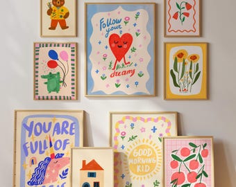 Juego de 50 láminas de arte mural para habitación infantil, descarga digital, decoración de pared para habitación infantil, láminas eclécticas para habitación infantil, decoración de sala de juegos, láminas maximalistas