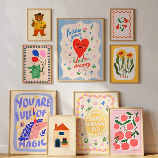 Kid's Room Wall Art Bundle Set of 50 Prints, DIGITAL Download, Nursery wall art, Eclectic Nursery Prints, Playroom Decor, Maximalist Prints