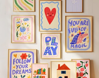 Set di decorazioni da parete per cameretta moderna per bambini, set di decorazioni da parete rosa per cameretta per bambine, 25 stampe disegnate a mano, decorazioni per la sala giochi, tavolozza di rose per bambine, stile Montessori