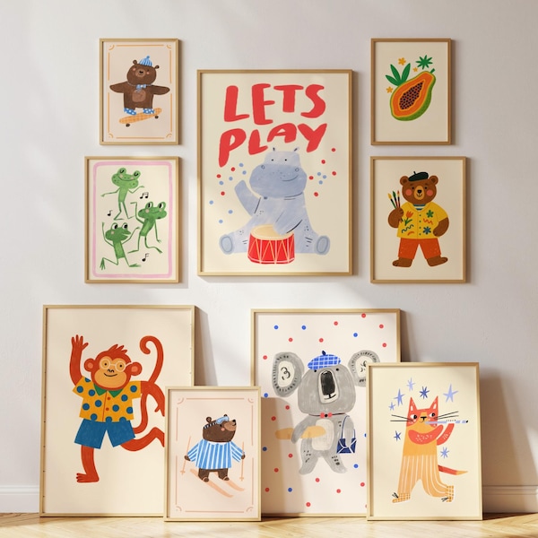 Impressions d'animaux fantaisistes, décoration de chambre d'enfants, oeuvre d'art murale de salle de jeux (téléchargement numérique, lot de 50).