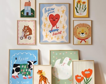 Conjunto de láminas decorativas para guardería con más de 70 láminas. Decoración moderna para habitaciones infantiles, arte para salas de juegos, láminas originales para habitaciones de bebés, decoración para habitaciones de niños y niñas.