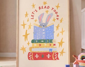 Lámina con diseño de conejito leyendo hoy, arte mural infantil con conejos leyendo, póster infantil original, decoración para niños amantes de los libros, descarga imprimible instantánea