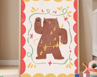 Dancing Bear Nursery Print, Cute Brown Bear Kids Room Wall Art, Music Star Poster, Toddler Bedroom Decor, Modern nursery kids wall art