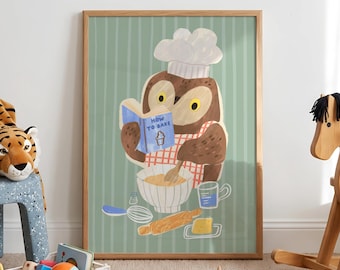 Owl Baker Nursery Print, Cute Chef Owl Kids Room Wall Art, Baking Kitchen Poster, Toddler Bedroom Decor, Whimsical Kids Art Print