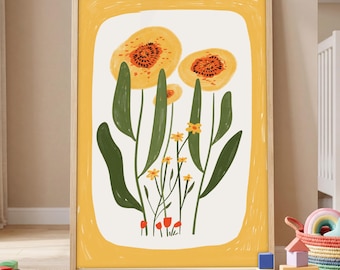Yellow Floral Botanical Nursery Print, Mustard Flower Kids Room Wall Art Grow Bold Nature Poster, Toddler Botanical Decor Blossom Art Print