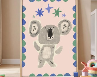 Koala Nursery Print, Cute Grey Koala Kids Room Wall Art, Australian Animal Poster, Toddler Bedroom Decor, Modern nursery Playful animals