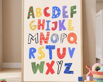 Colorful Alphabet Nursery Print, ABC Kids Room Wall Art, Bold Letter Learning Poster, Educational Bedroom Decor, Childrens Art Print
