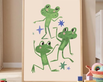 Dancing Frogs Nursery Print, Cute Green Frog Kids Room Wall Art, Whimsical Animal Poster, Toddler Bedroom Decor, Instant Printable Download