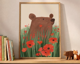 Bear in Poppies Nursery Print, Cute Brown Bear Whimsical Kids Room Wall Art, Nature Poster, Toddler Bedroom Decor, Woodland art