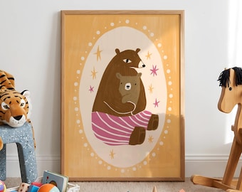 Bear poster, toddler nursery decor, mom and baby, woodland nursery, whimsical animal prints, animal print art cozy home, baby shower gift