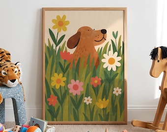 Dog in Flowers Nursery Print, Cute Brown Dog Kids Room Wall Art, Flower Meadow Nature Poster, Toddler Bedroom Decor, Childrens Art Print