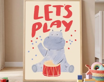 Lets Play Hippo Drumming Print, Cute Kids Room Wall Art, Whimsical Animal Nursery Poster, Playroom Toddler Decor, Music nursery