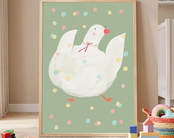 Goose Nursery Print, Cute Duck Kids Room Wall Art, Sage Green Pastel Poster, Whimsical Animal Bedroom Decor Illustrated Children's Art Print