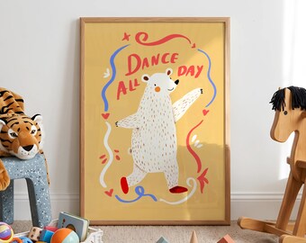 Dance All Day Bear Nursery Print, Polar Bear Kids Room Wall Art, Music Movement Poster, Toddler Bedroom Decor, Whimsical Kids Art Print