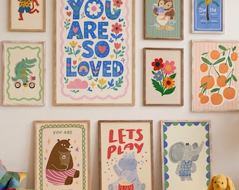 Nursery Wall Art Bundle Posters, Kids Playroom Decor, Colorful Children Wall Gallery, Whimsical Unisex Toddler Print Set of 60+