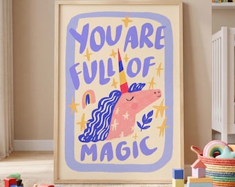 Estampado de unicornio, arte de pared caprichoso para habitación infantil, póster para dormitorio de niñas, decoración colorida para guardería, lámina artística ilustrada de arcoíris, habitación infantil moderna