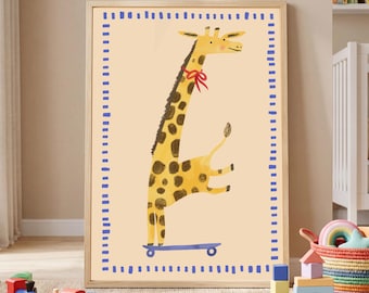 Giraffe Skateboard Nursery Print, Cute Safari Kids Room Wall Art, Whimsical Animal Poster, Toddler Bedroom Decor, Illustrated Childrens Art
