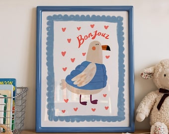Bonjour Bird Nursery Print, Cute Seagull Kids Room Wall Art, French Animal Poster, Toddler Bedroom Decor, Whimsical Kids Art Print