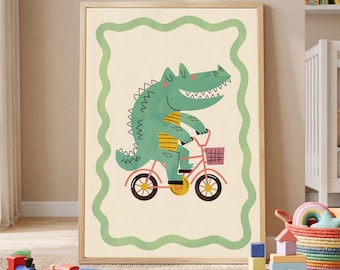 Crocodile on Bicycle Nursery Print, Cute Croc Kids Room Wall Art, Whimsical Animal Poster, Toddler Bedroom Decor, Modern nursery fun decor