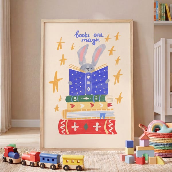 Bücher sind magisch, Kaninchen lesen Druck, wunderliches Kinderzimmer Kaninchen Kinderzimmer Poster, buntes Buchliebhaber-Dekor illustrierter Kinderkunstdruck