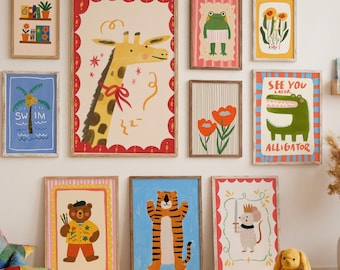 Kids Wall Art Bundle, 60 Nursery Prints Set, Gender Neutral Playroom, Whimsical Animal Poster Pack, Instant Printable Bedroom Decor Download