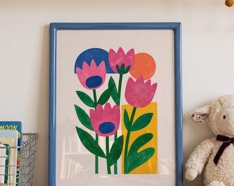 Tulip Floral Print, Flowers Botanical Room Wall Art, Bold Colorful Flower Poster, Toddler Bedroom Decor, Whimsical Kids Art Print
