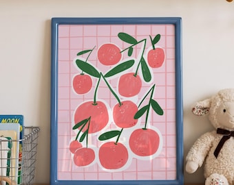 Cherries colorful poster for nursery decor Modern kids wall art Eclectic nursery Girl's room decor Pink room Summer art Children art