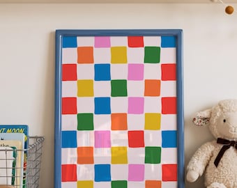 Colourful Checkerboard Nursery Print, Bold Rainbow Grid Kids Room Wall Art, Bold Abstract Poster, Toddler Playroom Decor, Children Art Print